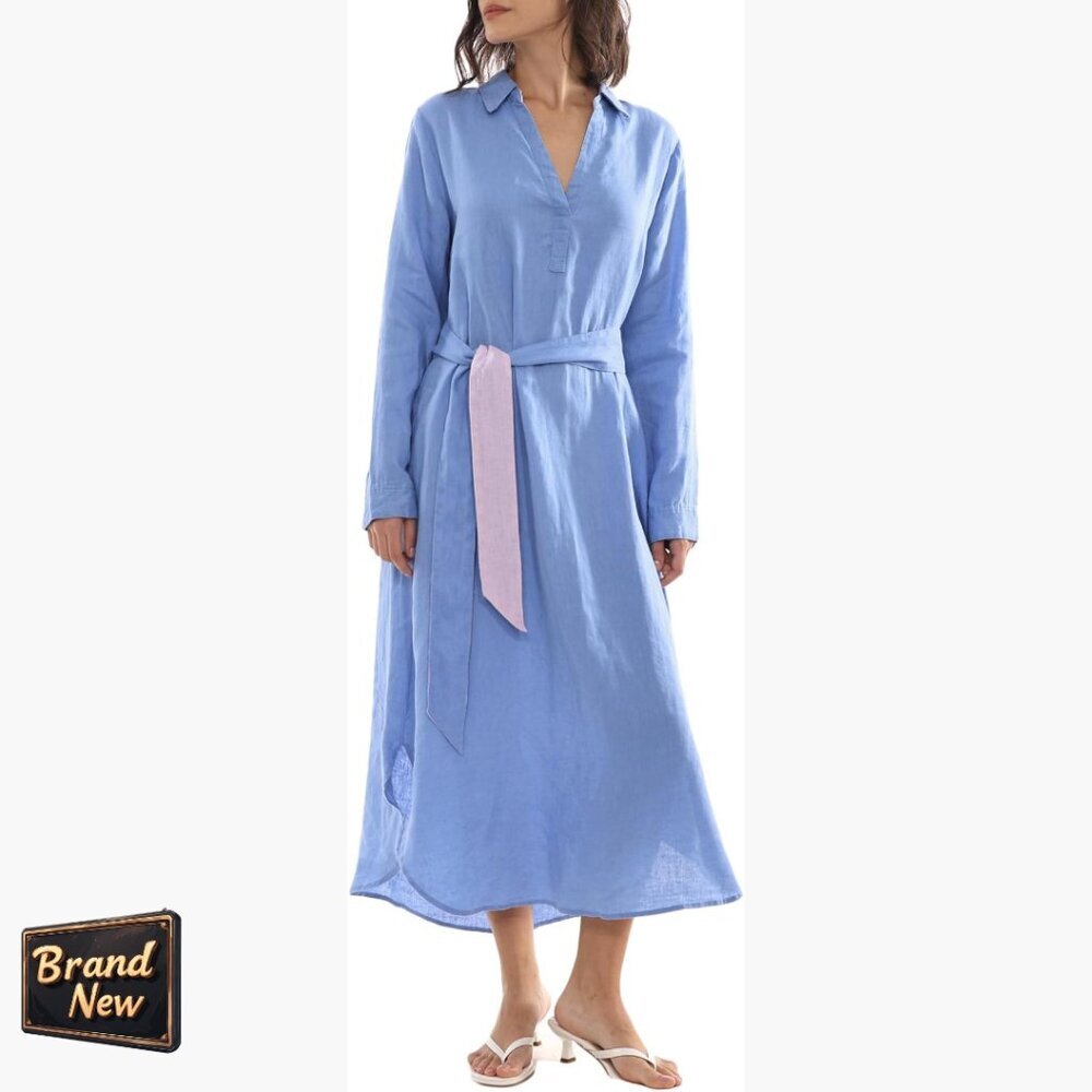 Women's 100% Linen Long Sleeve Midi Dress With Belt Summer Casual
